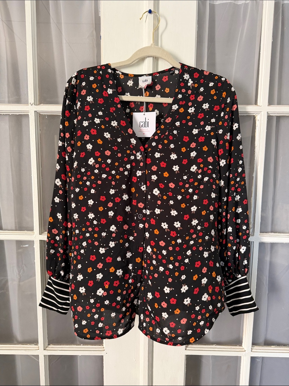 CAbi #3957 Cheerful Blouse Black Floral Button-Front Blouse with Stripe Cuffs